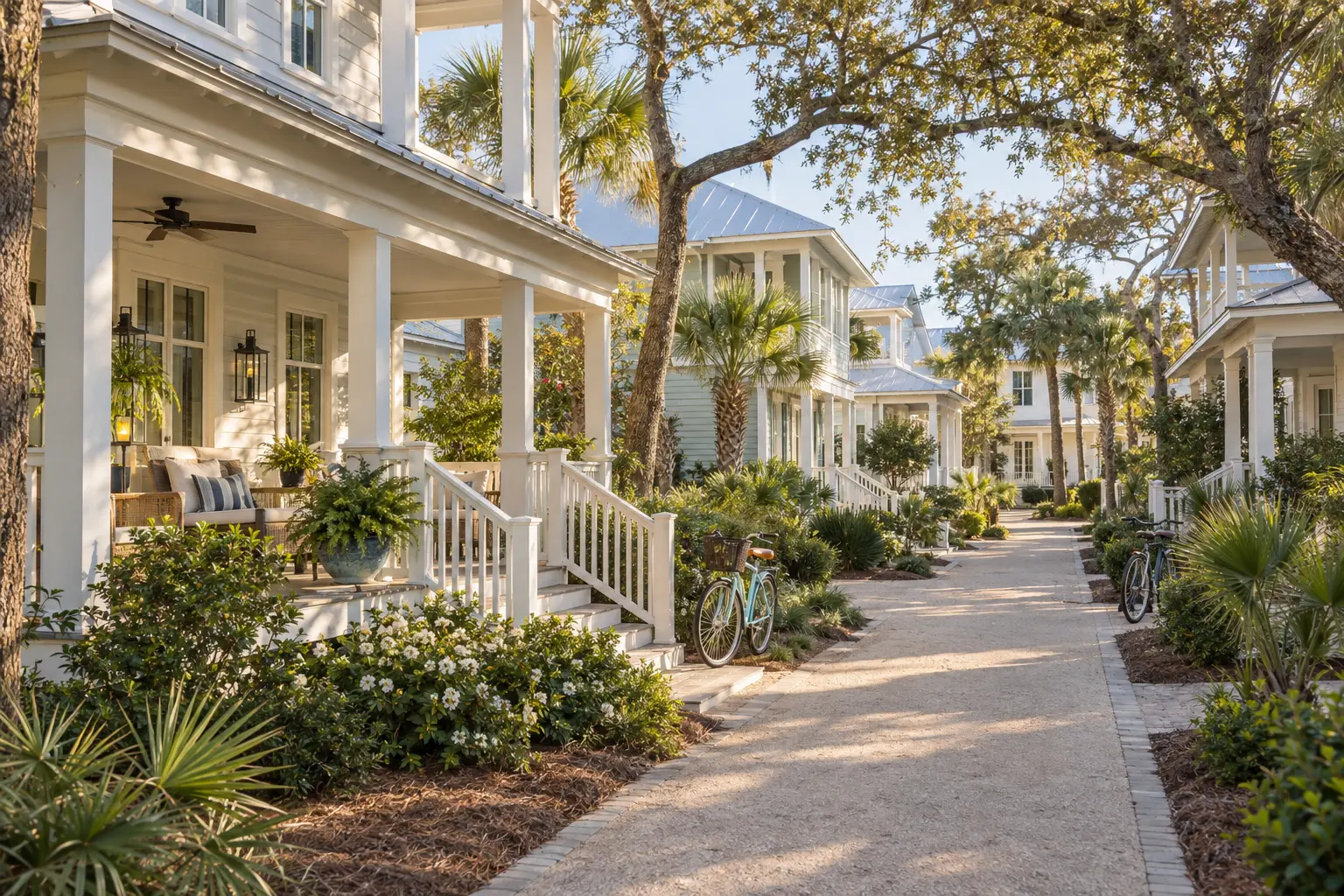 Illustrative 30A-style neighborhood with pastel porch-front homes, a shaded pedestrian path and bicycles amid coastal landscaping.