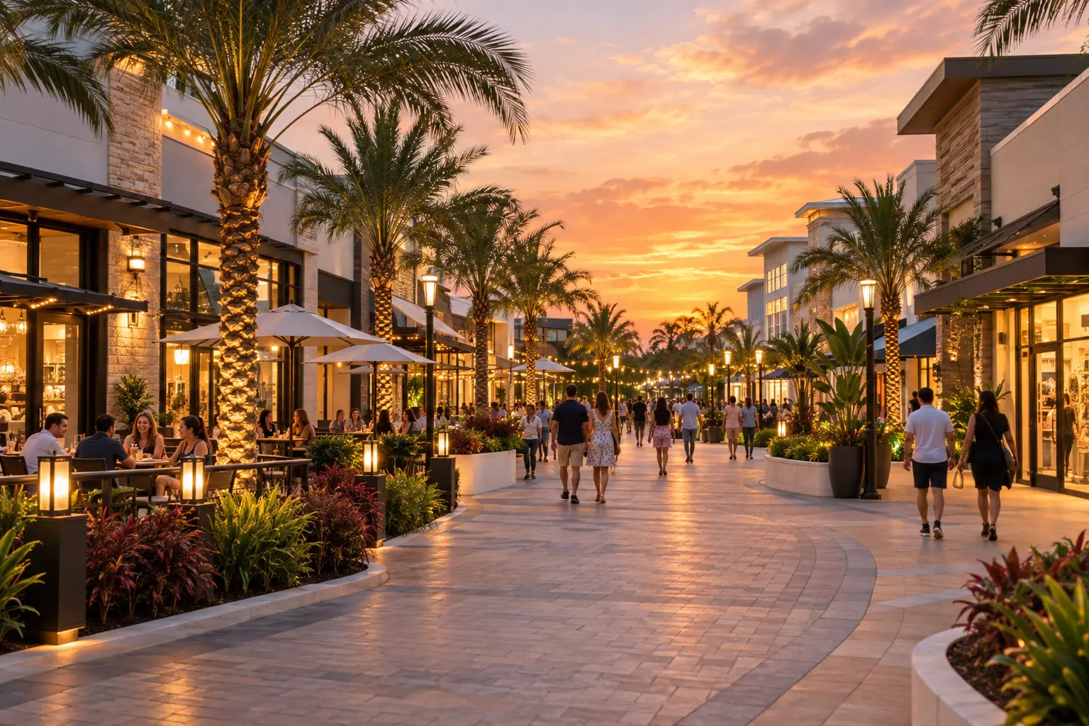 Illustrative sunset view of a palm-lined dining and shopping promenade inspired by Sunset Walk near Margaritaville Resort Orlando.