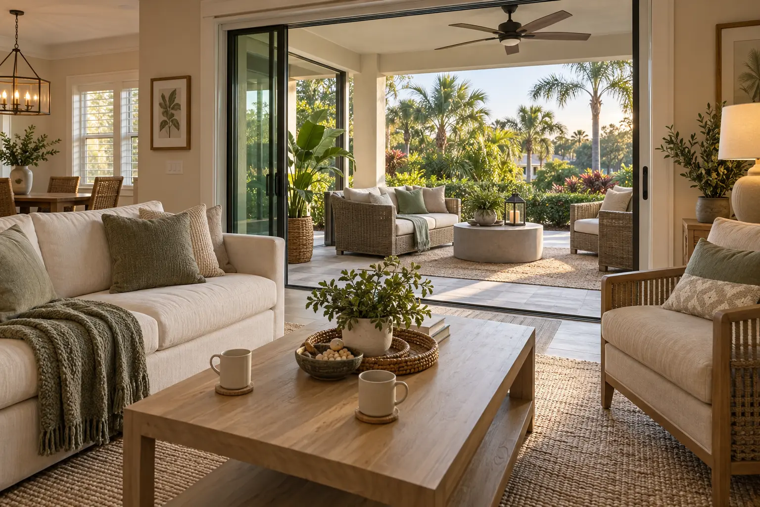 Sunlit vacation-home living room with comfortable neutral seating and open glass doors leading to a furnished terrace and lush garden.