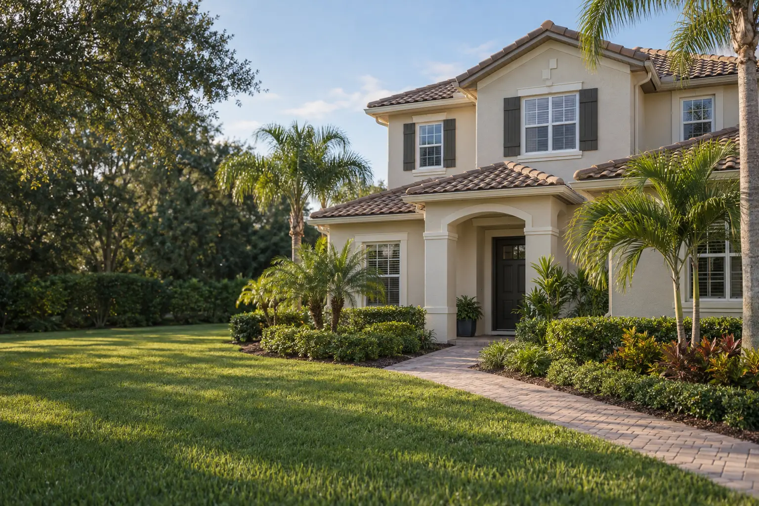 Illustrative Orlando-area vacation home with a light stucco exterior, tiled roof, landscaped front entrance and palm trees.