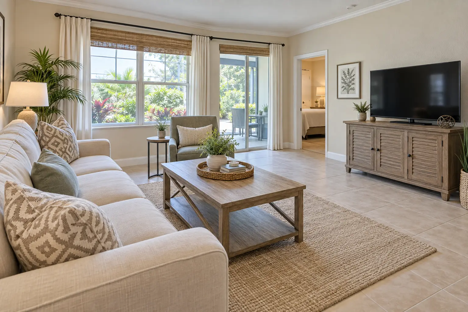 Bright, well-maintained living room with neutral seating, a wood coffee table, tile flooring and large windows revealing greenery.