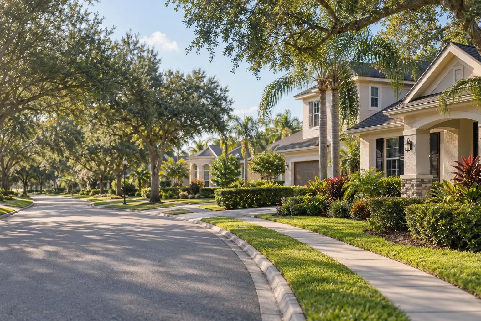 Illustrative Orlando-area residential street with landscaped homes, palms, mature oak trees and a curving sidewalk in warm morning light.
