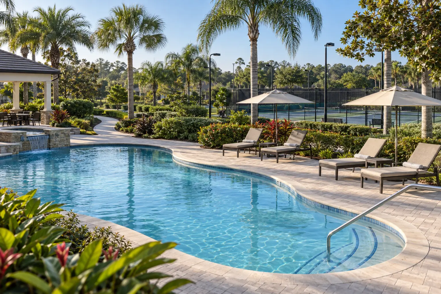 Illustrative Florida resort recreation area with a swimming pool, palm-lined landscaping and fenced tennis courts.