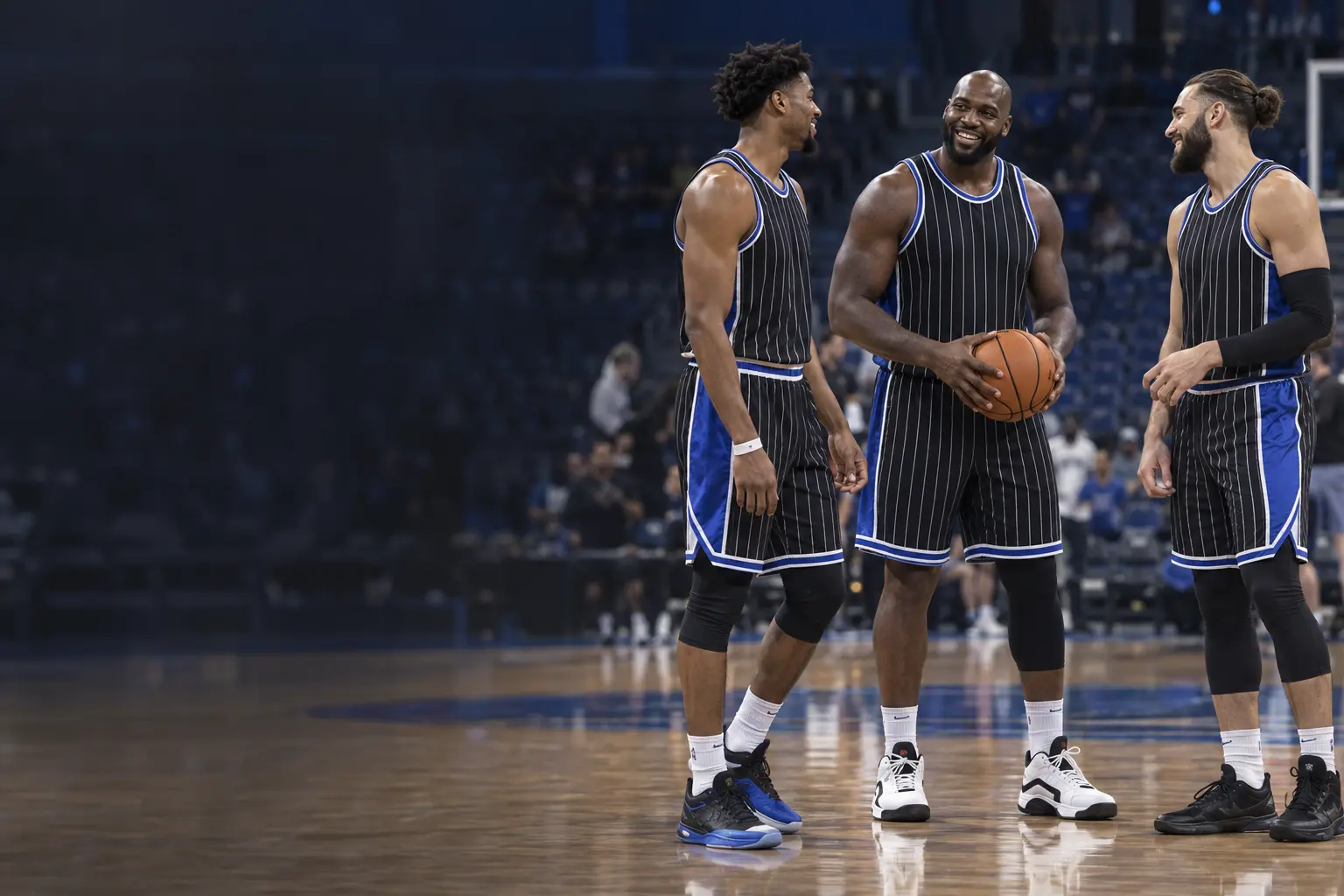 Basketball players in blue, black and white pinstriped uniforms on an indoor court, evoking Orlando’s professional basketball culture.