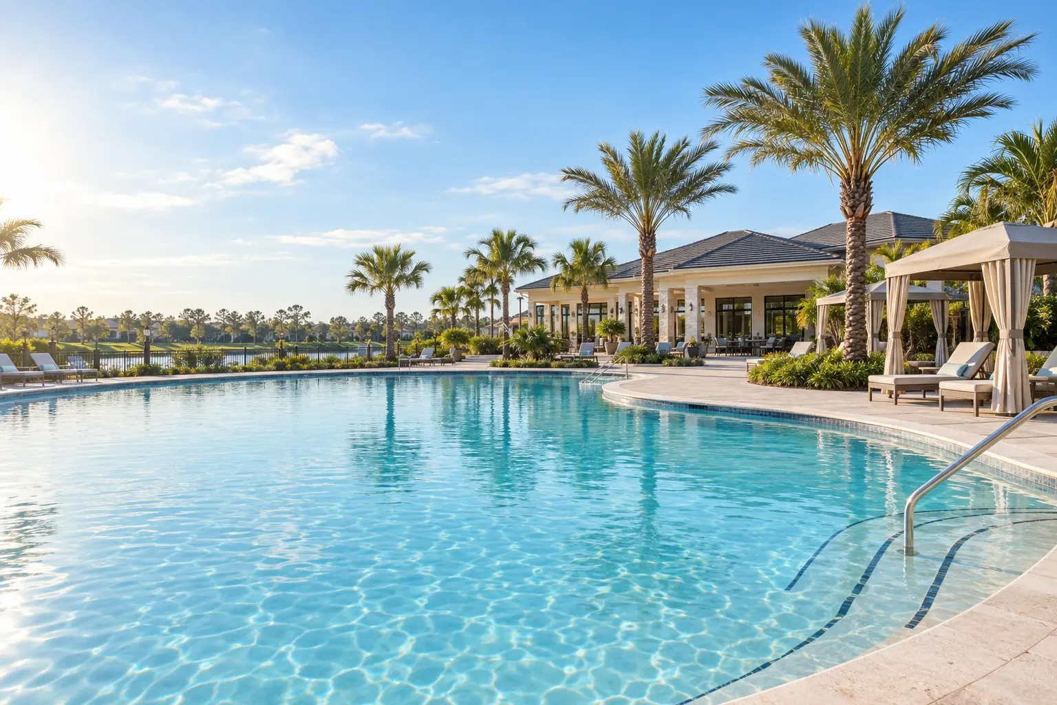 Illustrative resort-style communal pool with cabanas, palms and a clubhouse, evoking the setting of Solara Resort in Kissimmee.