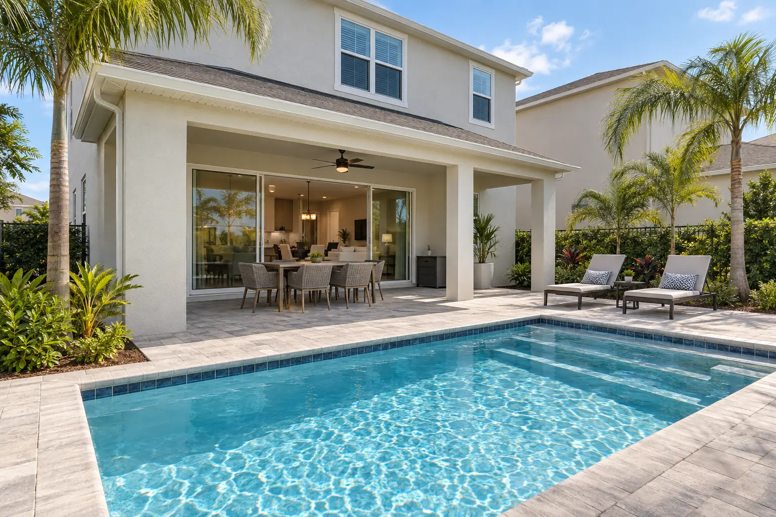 Illustrative Florida resort-style home with a private backyard pool, covered lanai and outdoor seating.