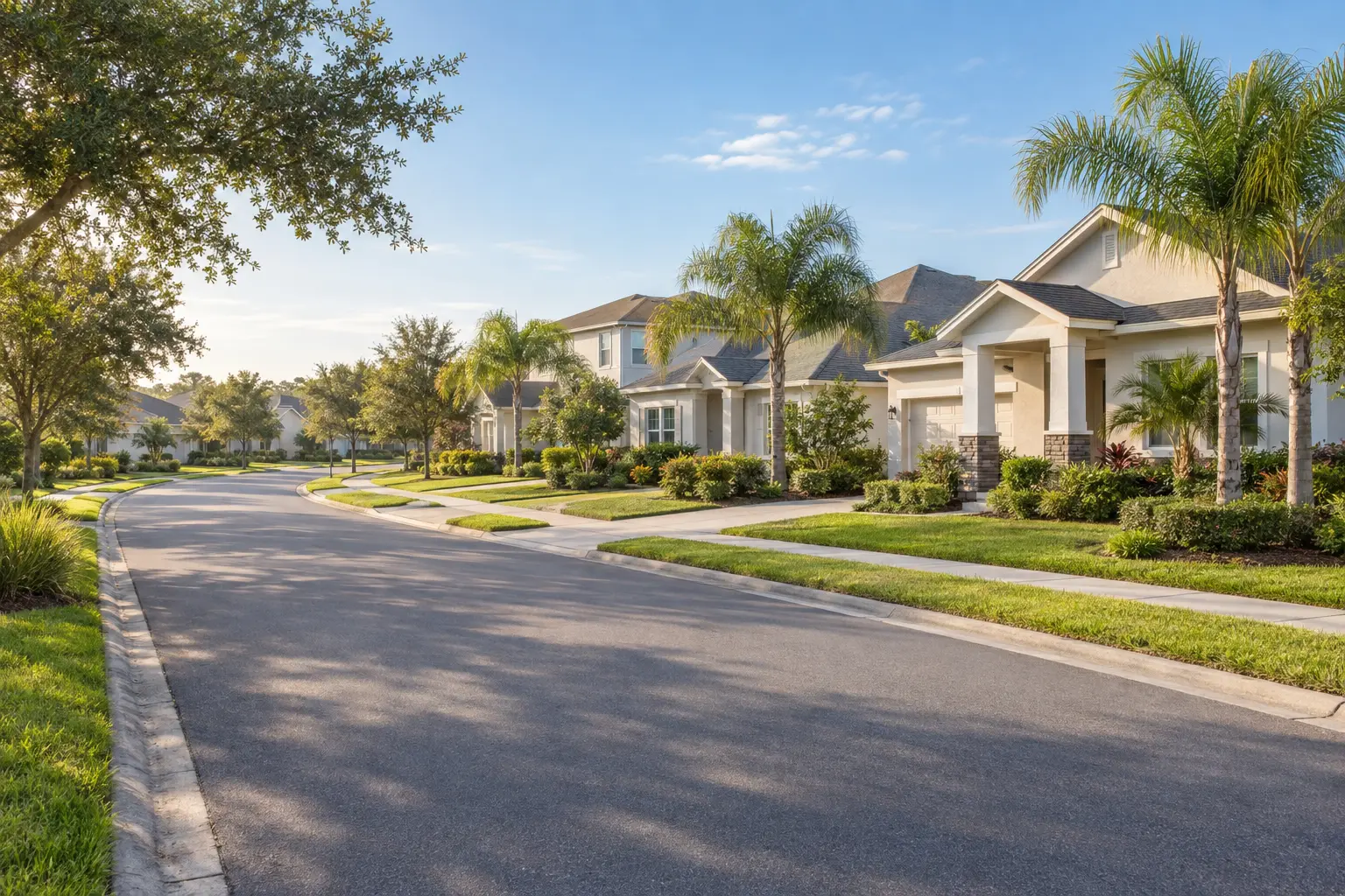 Illustrative Florida residential streetscape with contemporary homes, landscaped lawns, palms and a gently curving sidewalk.