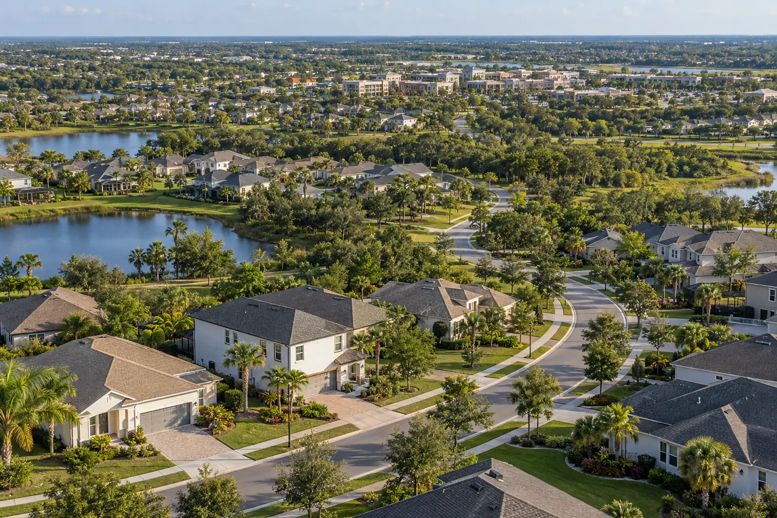 Illustrative elevated view of Central Florida neighborhoods, with residential streets and landscaped greenbelts extending toward a mixed-use center.