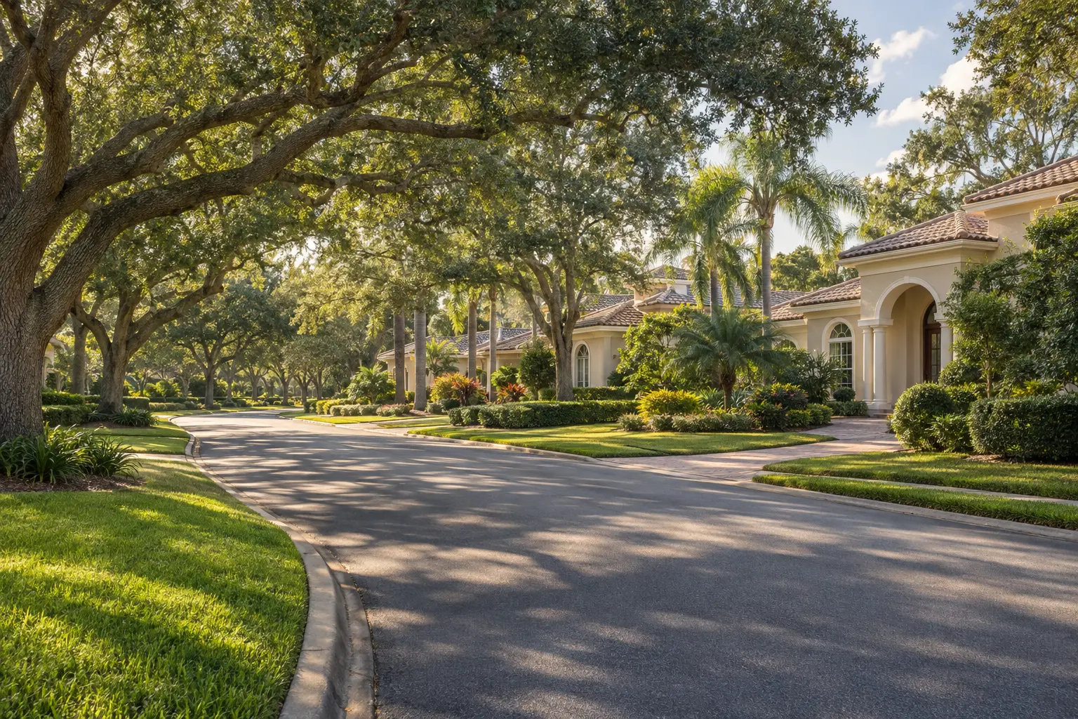 Illustrative Florida residential streetscape with detached homes, mature oak trees and landscaped lawns in warm afternoon light.
