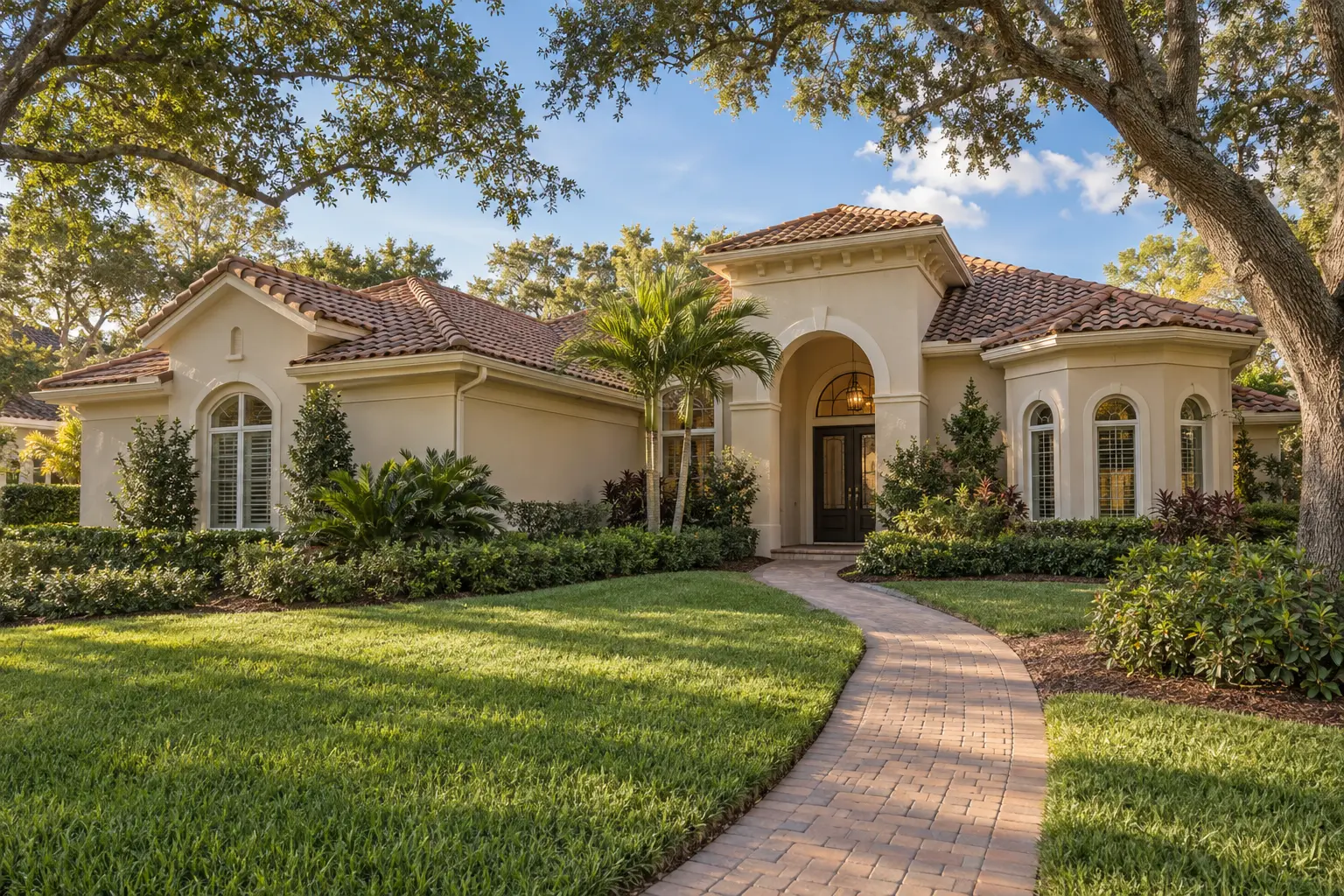 Illustrative Mediterranean-style detached home with a tiled roof, arched entry and mature Florida landscaping.