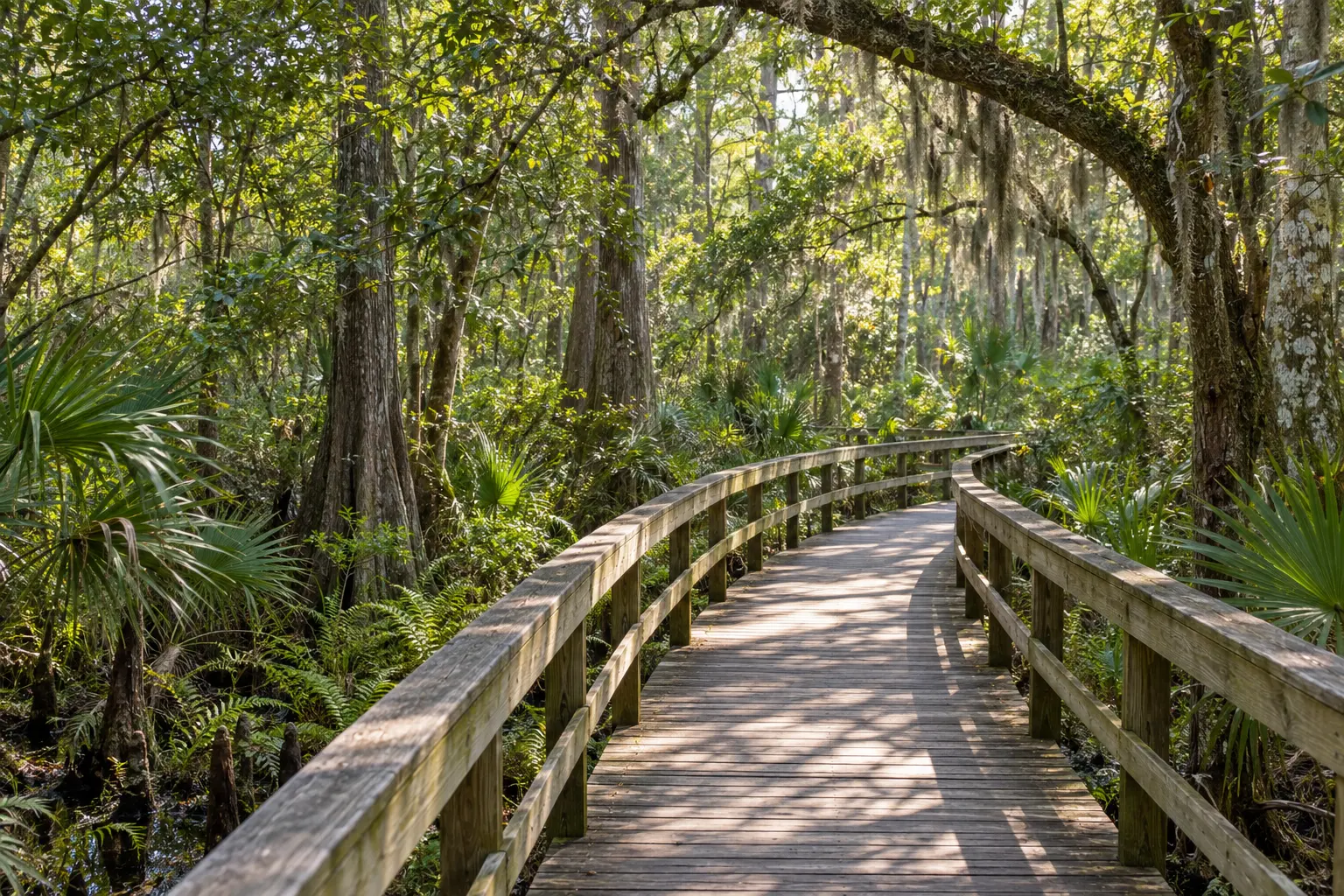 Illustrative Florida nature preserve scene with a wooden boardwalk winding beneath a shaded canopy of trees and native greenery.