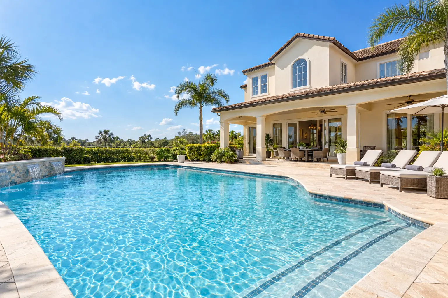 Illustrative Orlando-style villa with a sunlit white exterior, turquoise swimming pool, pale stone terrace and lush palms beneath a clear blue sky.