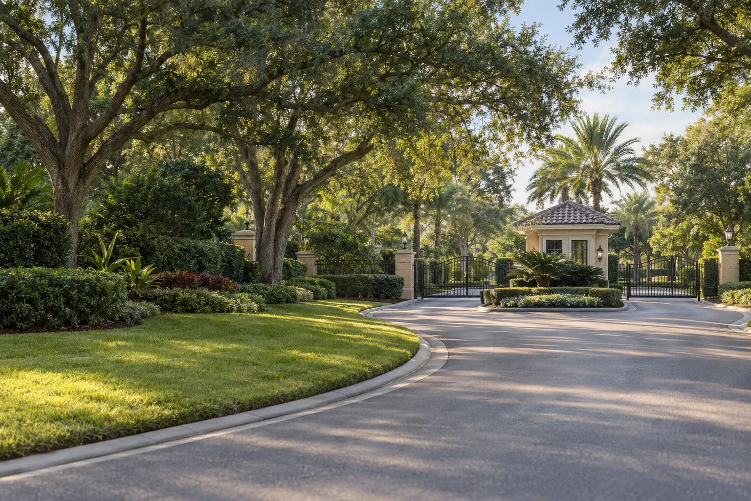 Illustrative view of a landscaped Florida residential entrance, with a gatehouse, mature oaks, palms and a gently curving drive.