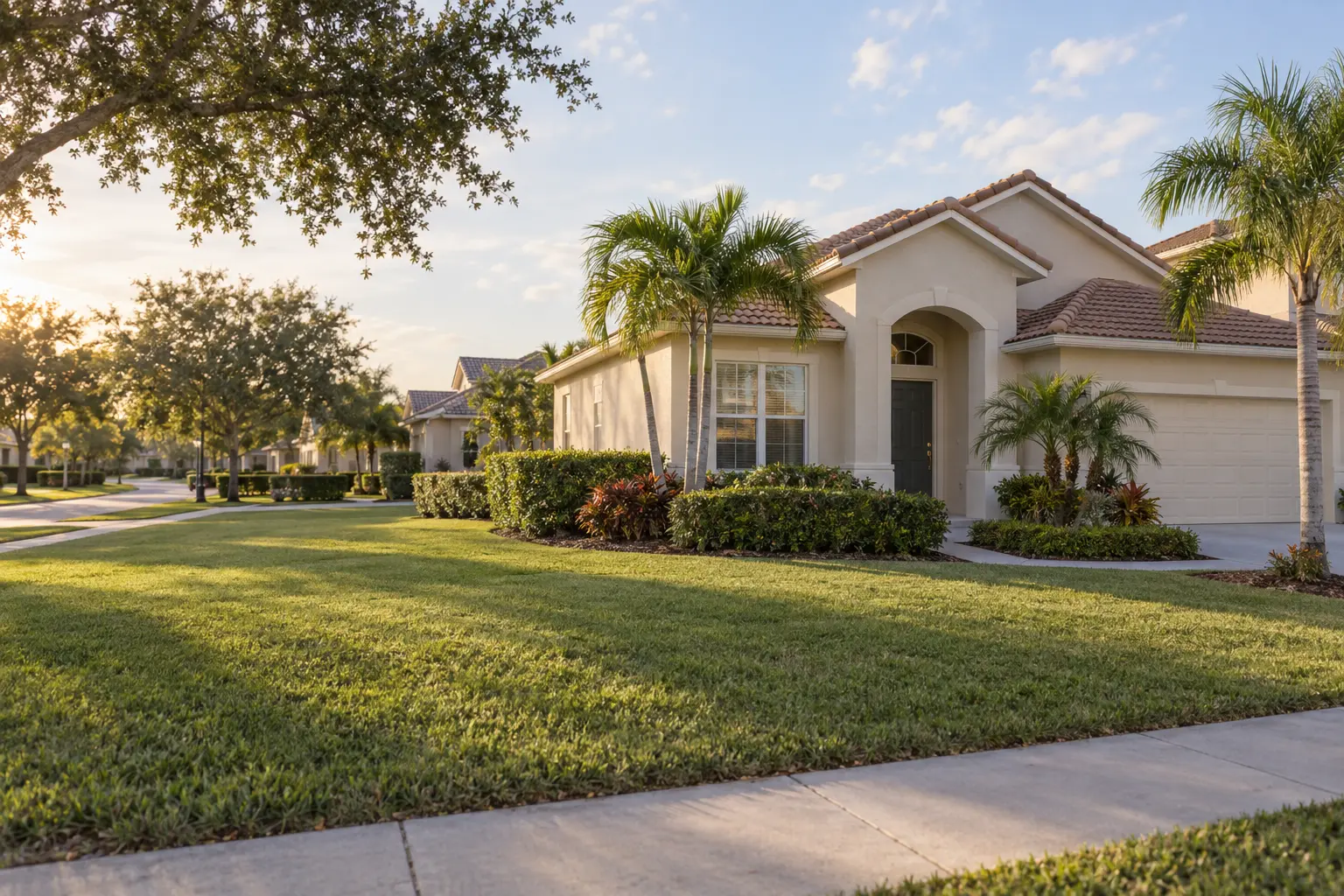 Landscaped stucco home on a quiet residential street, with palms and neighboring houses in the background.