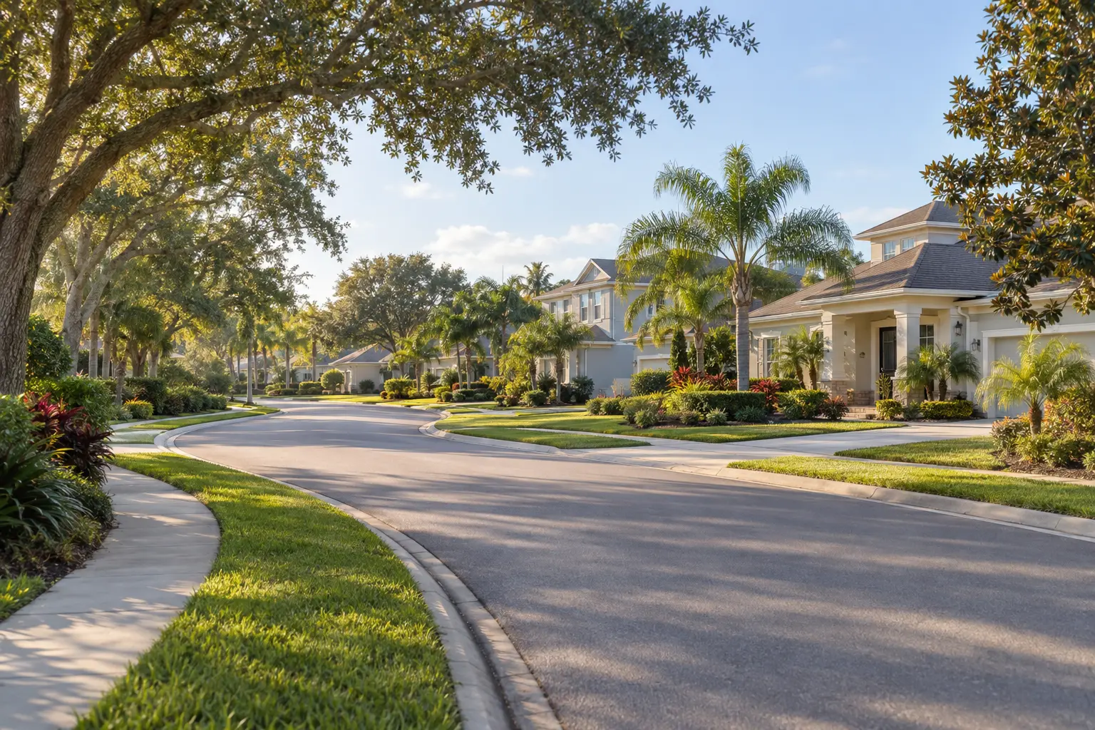 Illustrative Central Florida neighborhood with pastel homes, palm trees, shaded sidewalks and a gently curving residential street.