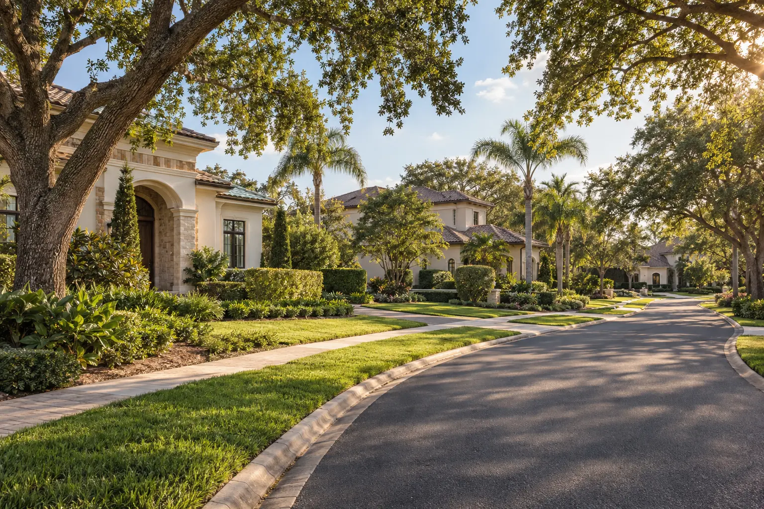 Illustrative luxury residential streetscape with detached homes, mature shade trees and landscaped gardens in a Central Florida setting.