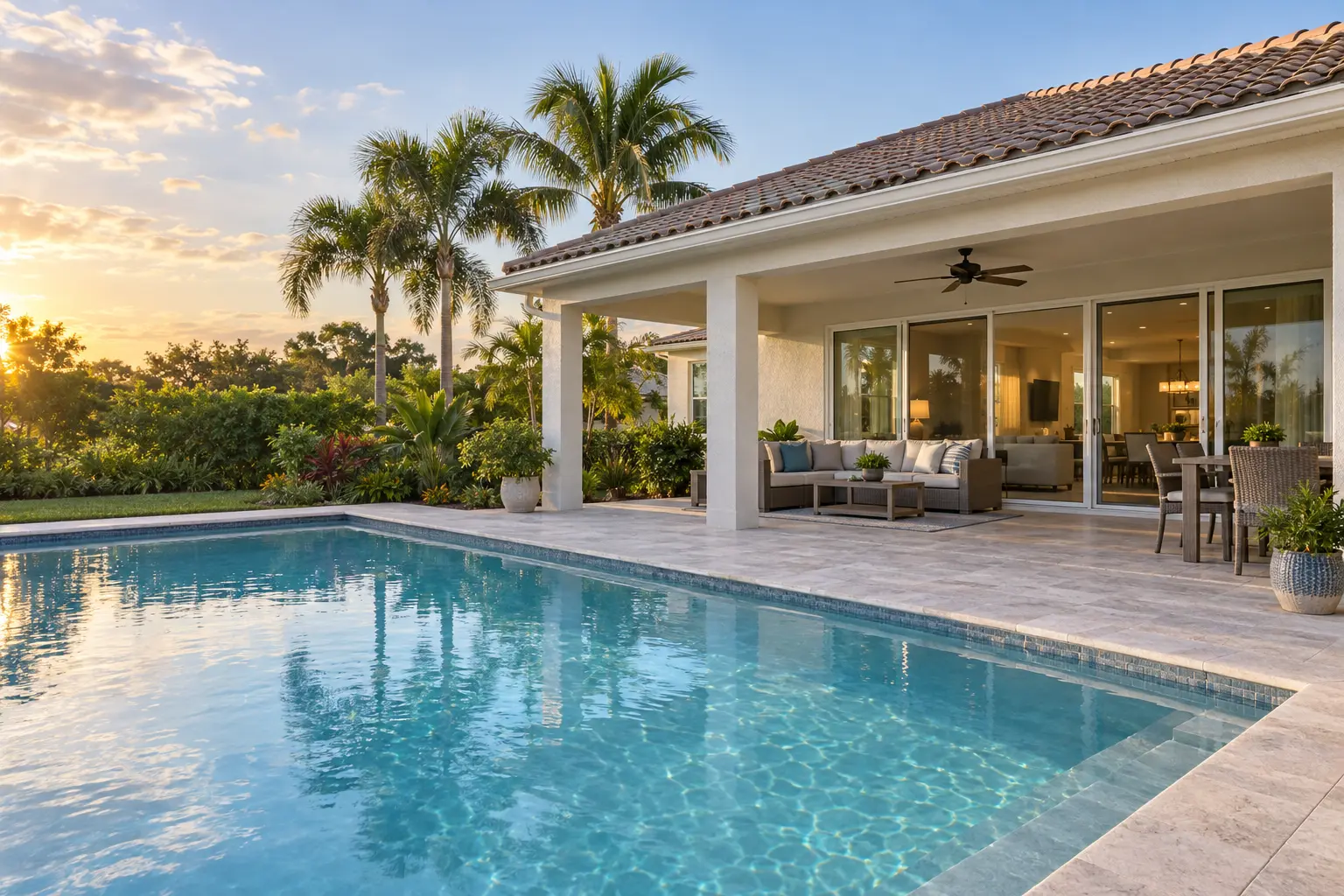 Illustrative Florida vacation home with a sunlit pool, covered patio and tropical landscaping.