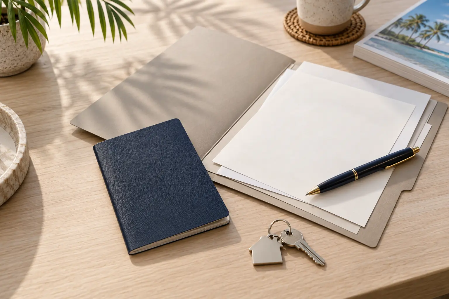 A plain passport booklet, document folder, pen and house keys arranged on a light wood desk for international home-buying preparation.