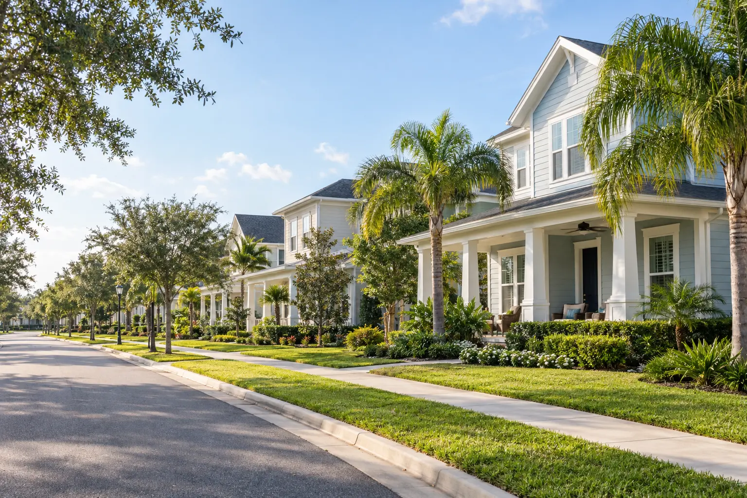 Illustrative Lake Nona streetscape with colorful porch-front homes, palms, landscaped lawns and a tree-lined sidewalk.
