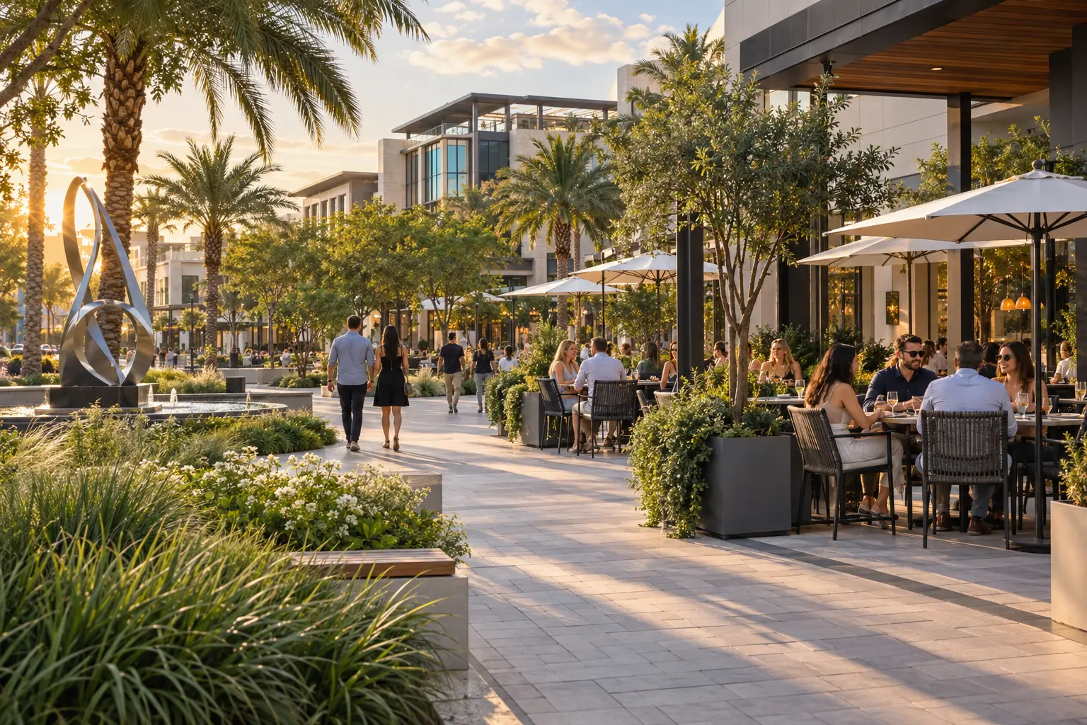 Illustrative view of a Lake Nona Town Center–inspired plaza with outdoor dining, contemporary buildings and landscaped pedestrian spaces.