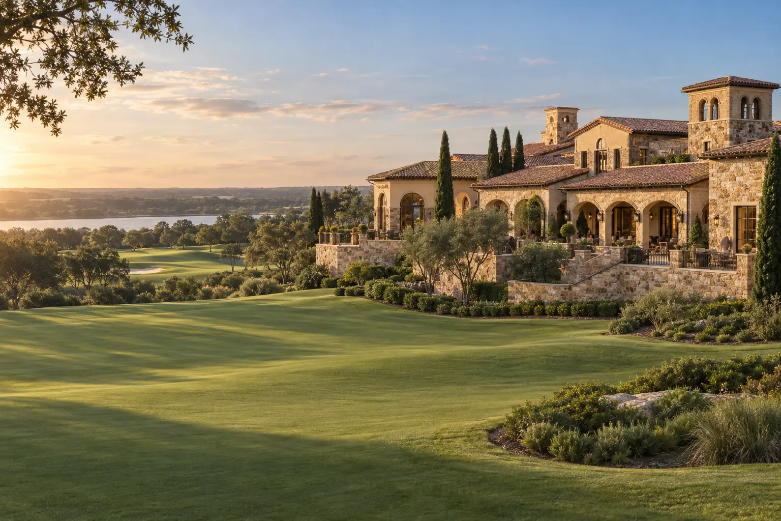 Illustrative view of Bella Collina’s Tuscan-inspired clubhouse amid landscaped grounds and rolling golf-course terrain near Montverde, Florida.