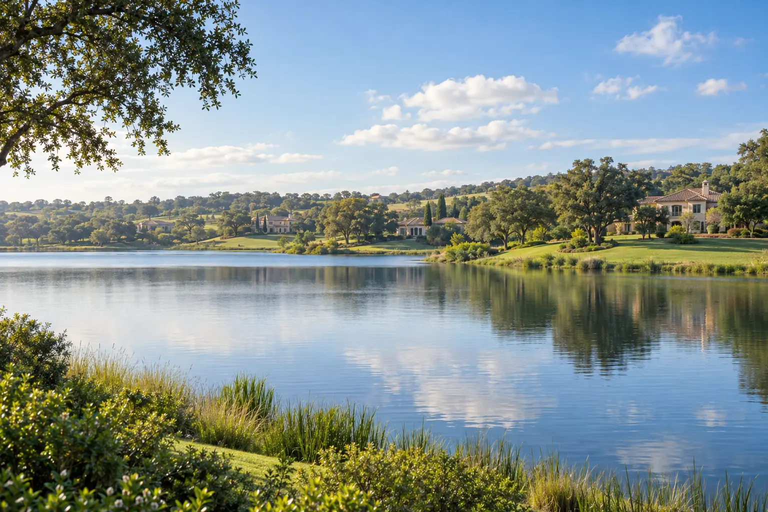 Illustrative lakeside residential landscape with homes, leafy trees and gently rolling green terrain, inspired by Bella Collina near Montverde, Florida.