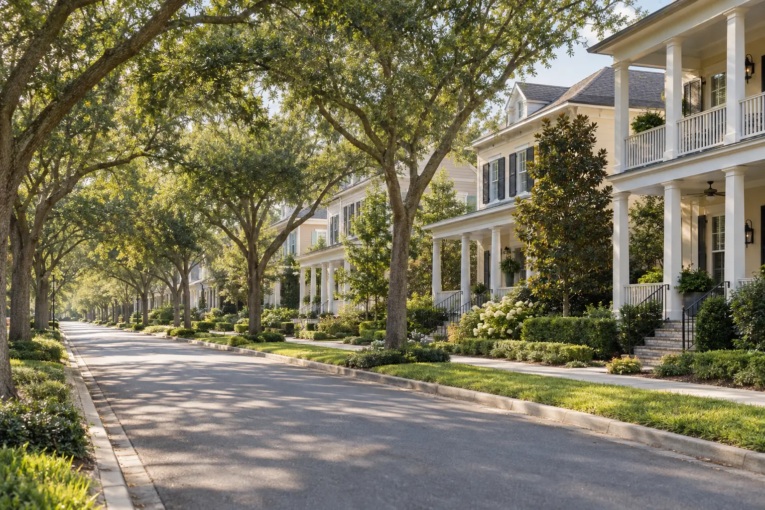 Illustrative Baldwin Park streetscape in Orlando, with landscaped homes, shaded sidewalks and leafy street trees.