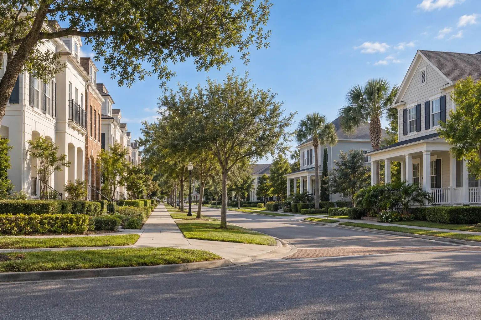 Illustrative Baldwin Park streetscape with attached townhomes, detached porch-front houses, landscaped yards and connected sidewalks.