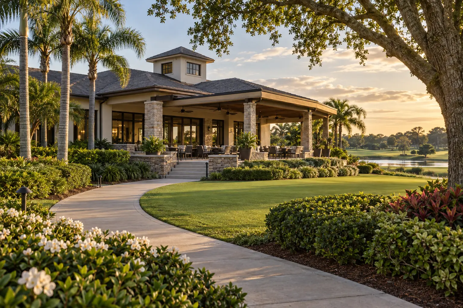 Illustrative Florida private clubhouse with a shaded terrace, manicured lawn and mature palms, evoking Bay Hill’s club setting.