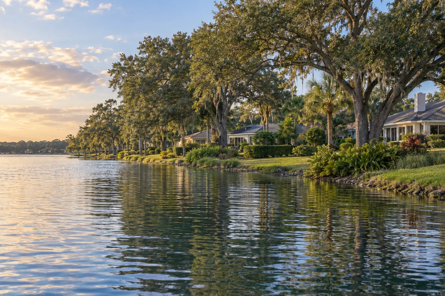 Illustrative Central Florida lakeside neighborhood with homes nestled among mature trees, gently rippling water and a softly lit shoreline.