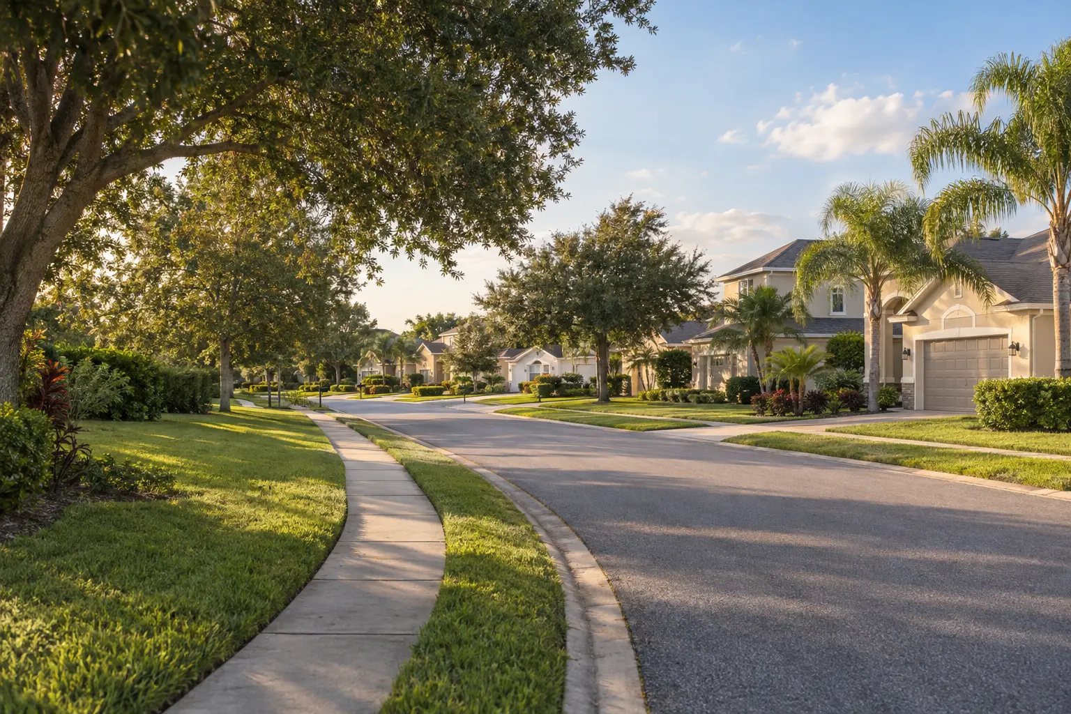 Illustrative Davenport-area residential street with stucco homes, green lawns, palms and leafy trees in warm Florida sunlight.
