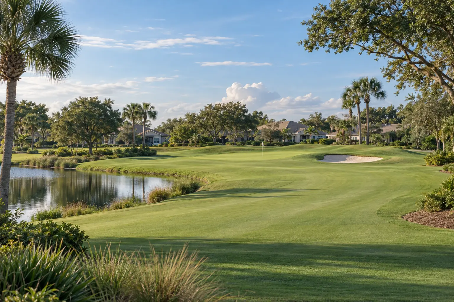 Illustrative golf-community scene with a green fairway, palms and distant homes, evoking community living in the Davenport area.
