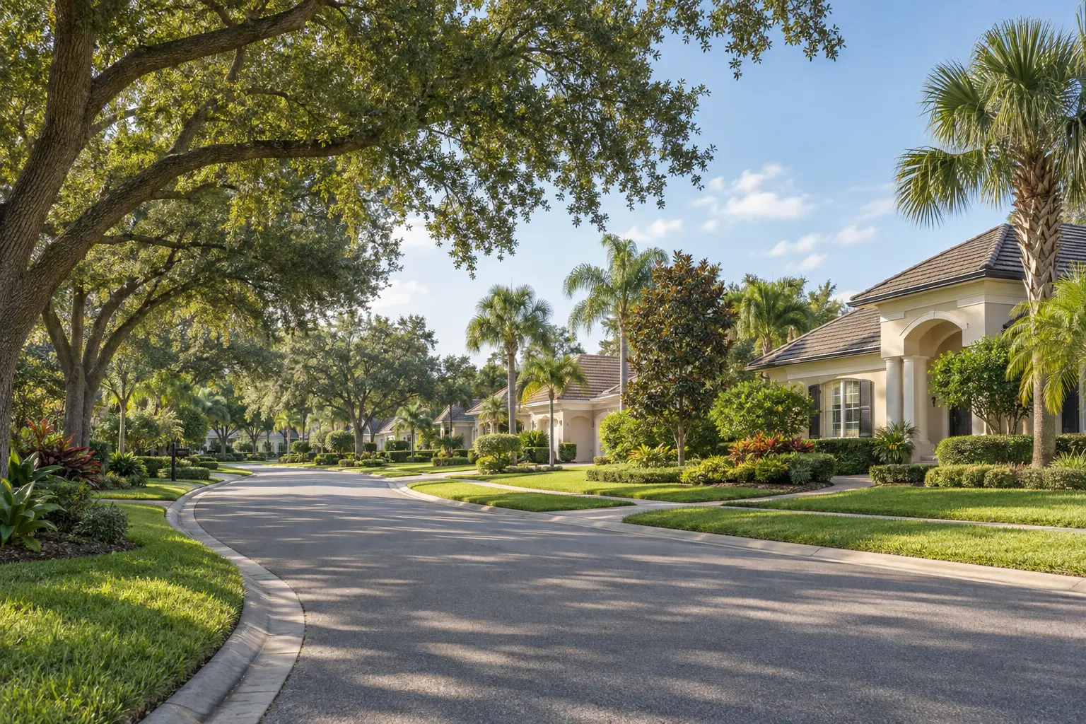 Illustrative Doctor Phillips streetscape with leafy shade trees, palms and stucco homes along a gently curving residential road.