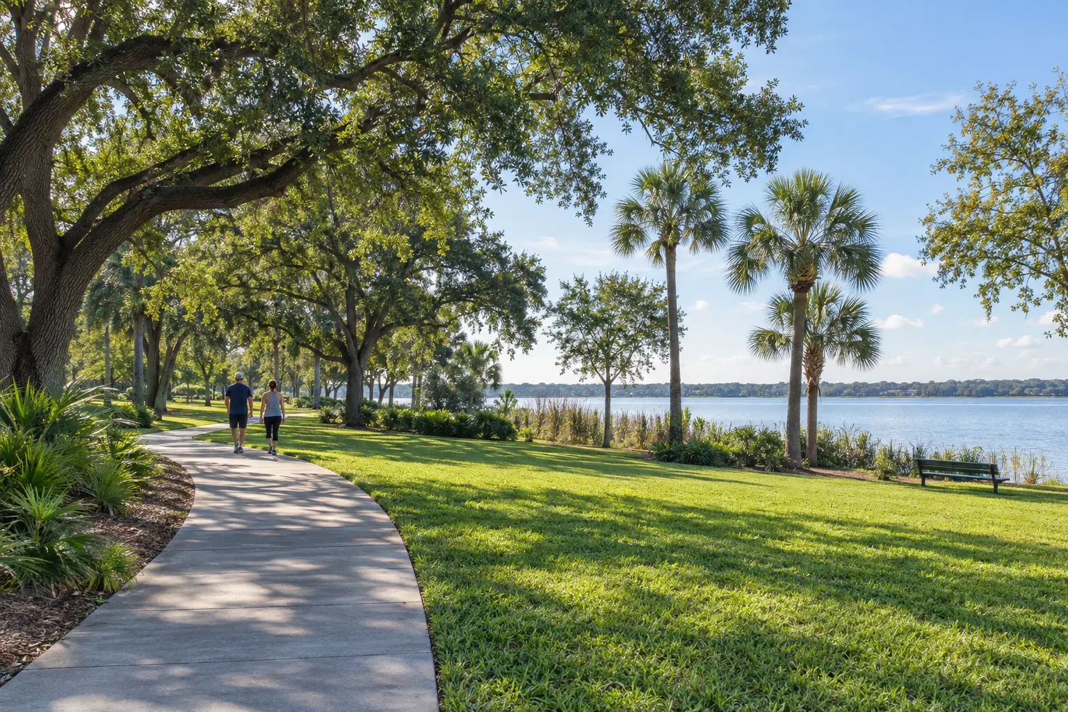 Illustrative view of a winding walking trail, open lawn and shade trees beside a Central Florida lake.