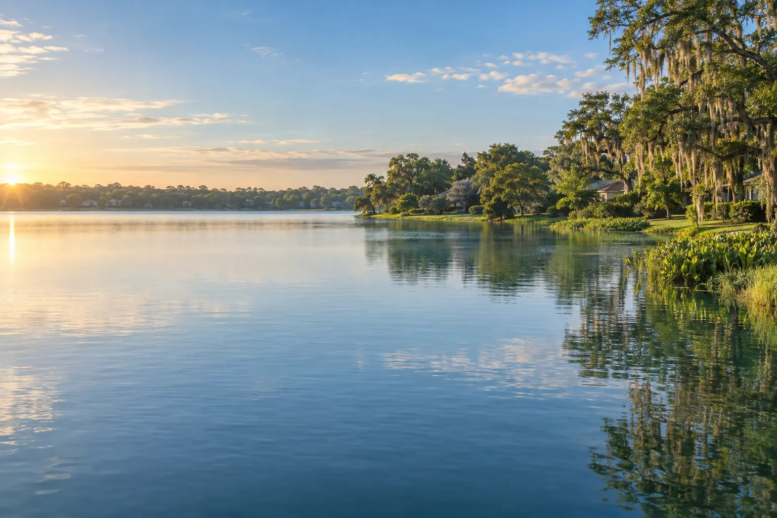 Illustrative lakeside view of Windermere, Florida, with calm water, a wooded shoreline and homes nestled among mature trees.