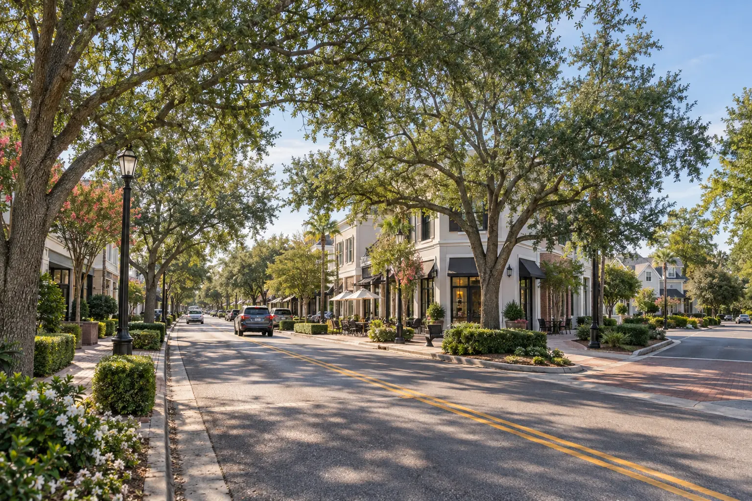 Illustrative downtown Windermere streetscape with a tree-lined road, sidewalks and low-rise buildings in warm Florida daylight.