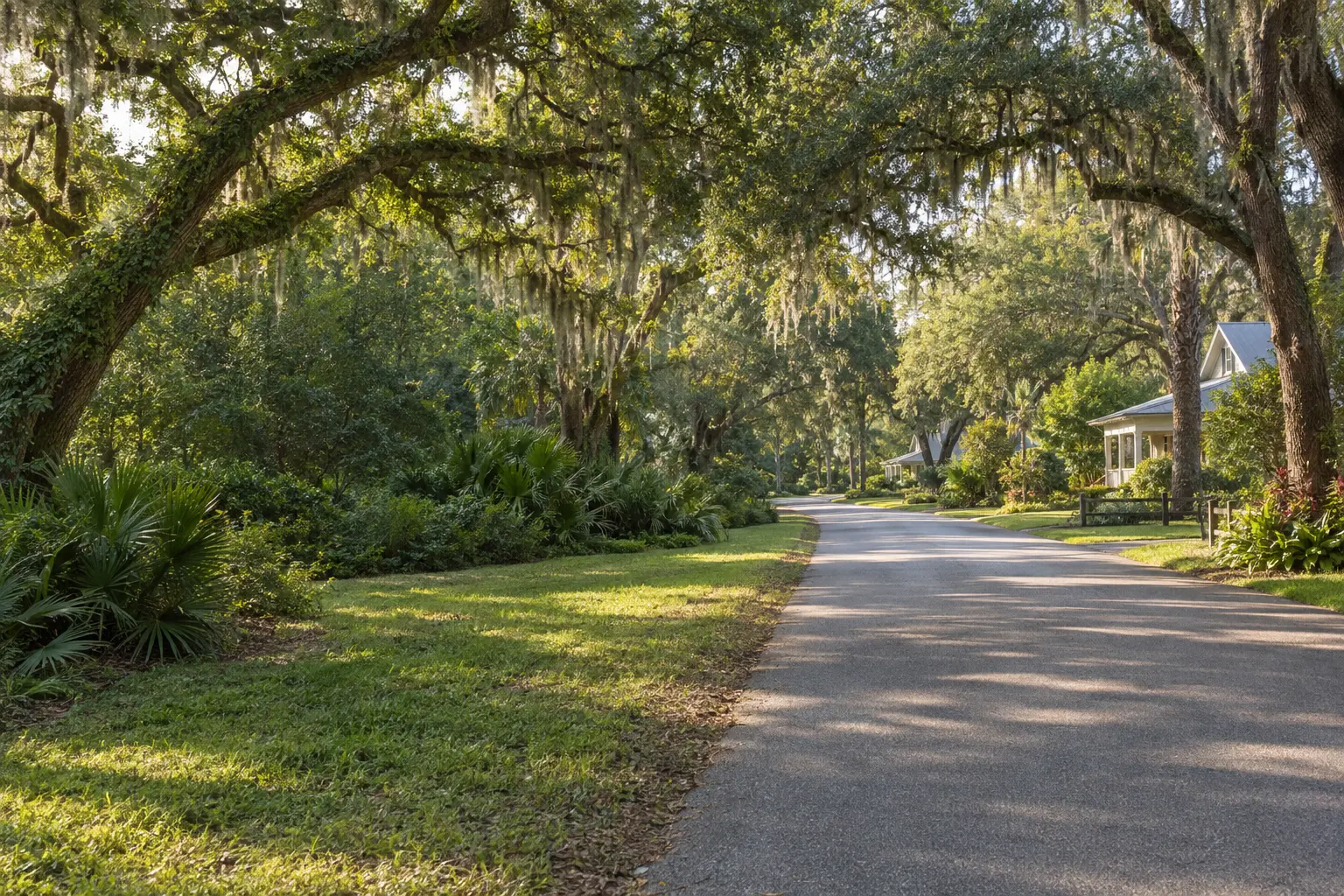 Illustrative Gotha, Florida streetscape with a shaded rural road, mature oak trees, lush gardens and homes set back among greenery.