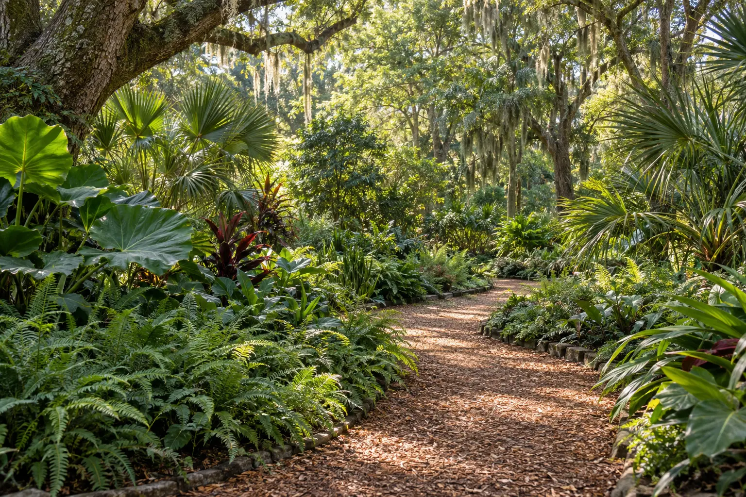 Illustrative botanical garden scene with a winding mulch path, lush foliage and mature shade trees, inspired by Gotha’s horticultural heritage.