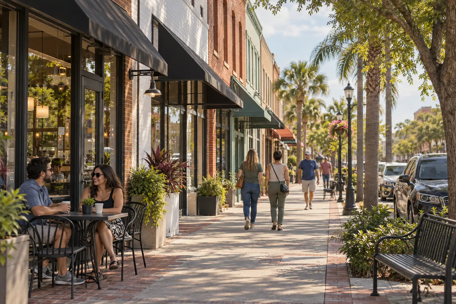 Illustrative downtown Kissimmee streetscape with low-rise storefronts, shaded sidewalks, palms and people walking past shops.