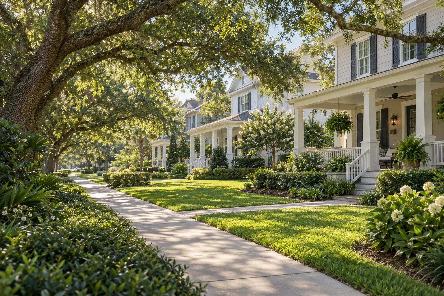 Illustrative Oakland Park streetscape in the Winter Garden–Oakland area, with porch-front Florida-style homes, mature live oaks and landscaped sidewalks.