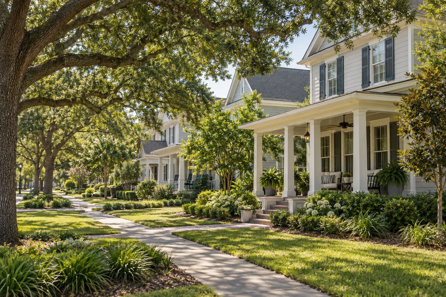 Illustrative neighborhood streetscape with broad front porches, mature live oaks and landscaped sidewalks, reflecting Oakland Park’s Florida architectural character.