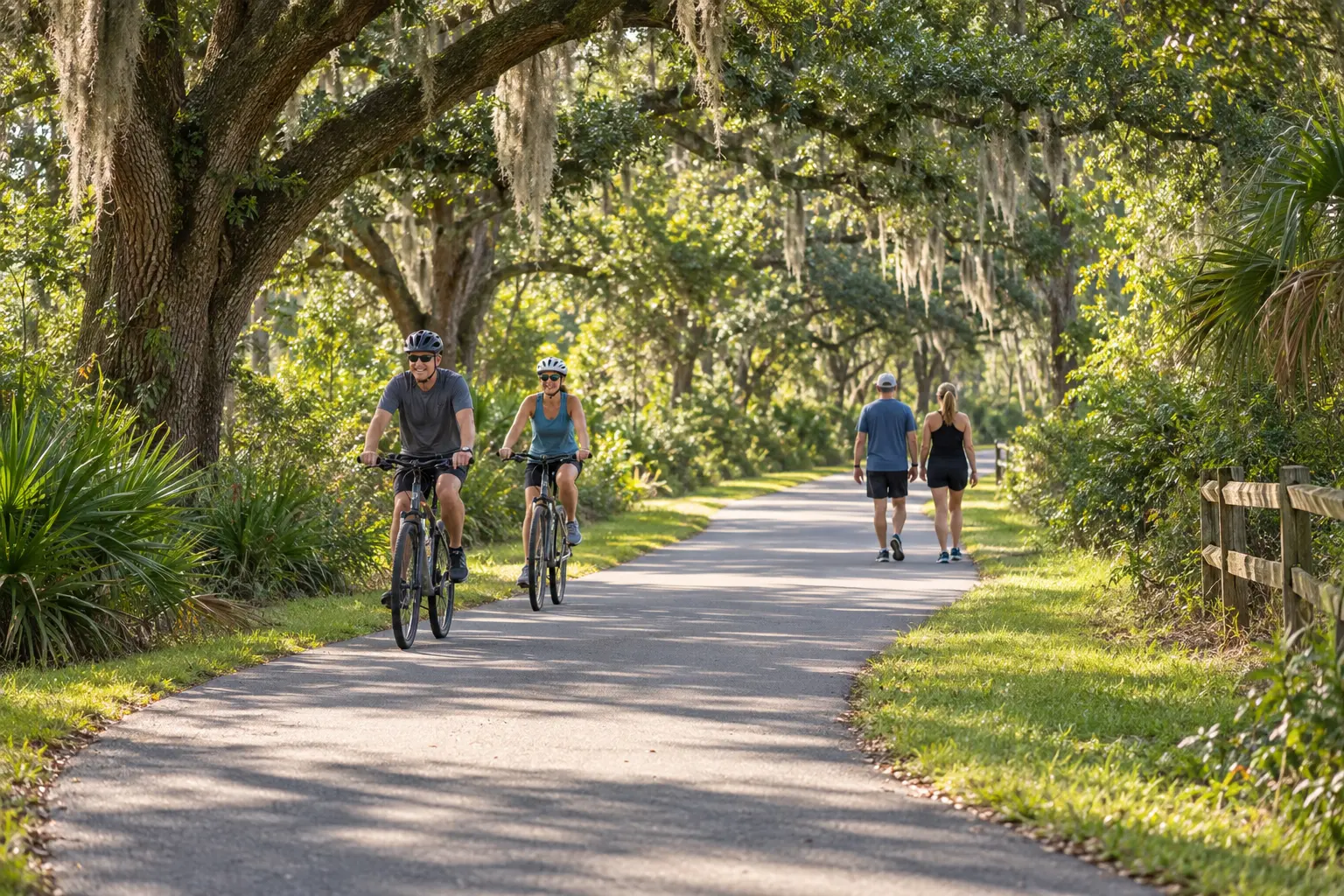 Illustrative scene of walkers and helmeted cyclists on an oak-shaded paved trail, reflecting outdoor life near Oakland Park.