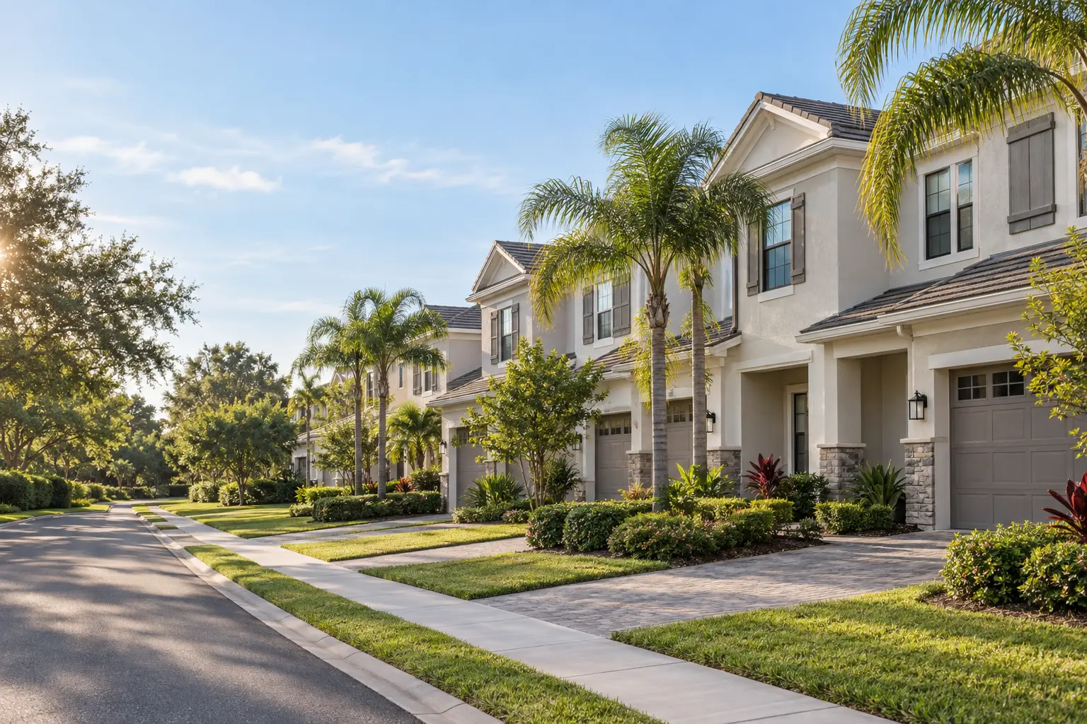 Illustrative streetscape of two-story townhomes with garages, palms and landscaped lawns, evoking Eagle Trace at Reunion Resort.