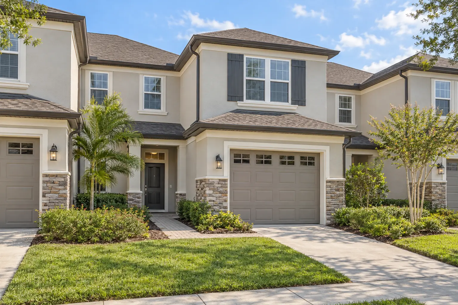 Illustrative two-story Florida townhome exterior with an attached garage, recessed front entrance, driveway and neatly landscaped planting beds.