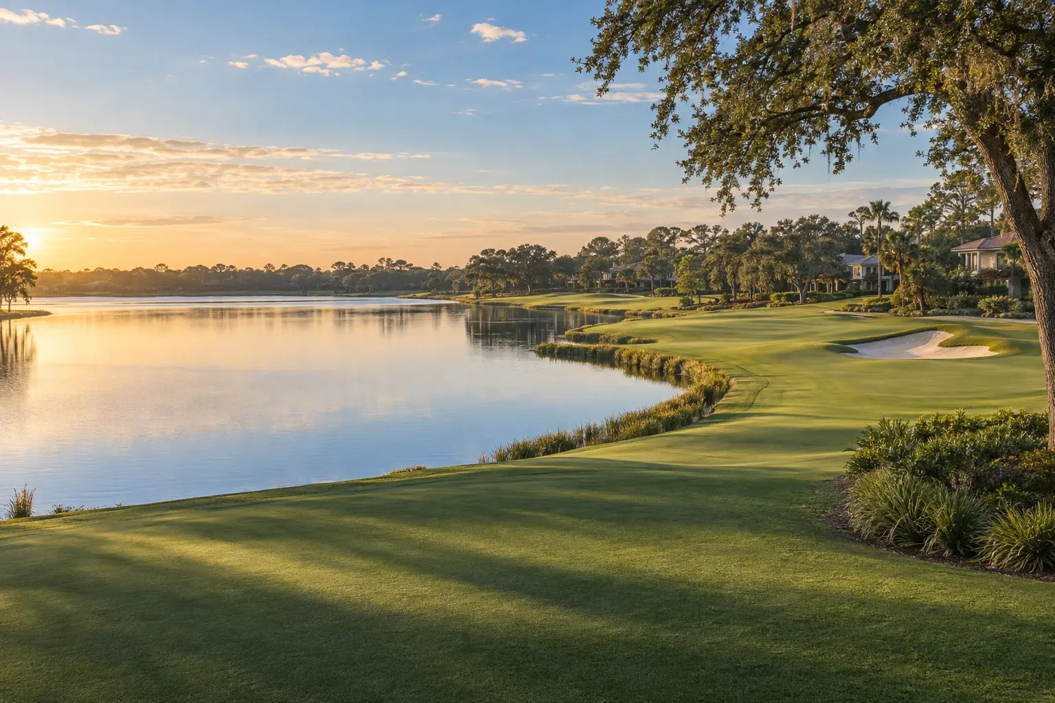 Illustrative golf-and-lake landscape inspired by Lake Nona Golf & Country Club, with manicured fairways, mature trees and distant residences.