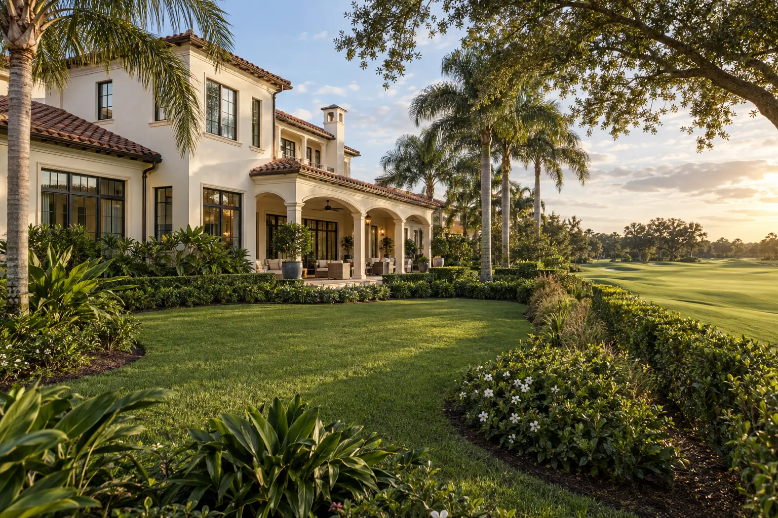 Illustrative Mediterranean-style home with landscaped grounds beside a broad golf fairway in a Central Florida setting.