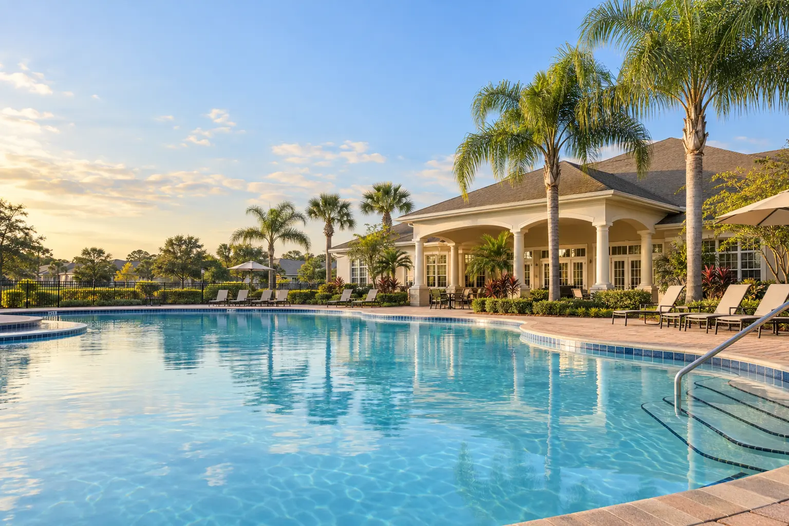 Illustrative Florida resort-community pool with a low-rise clubhouse, palm trees and a sunlit pool deck.