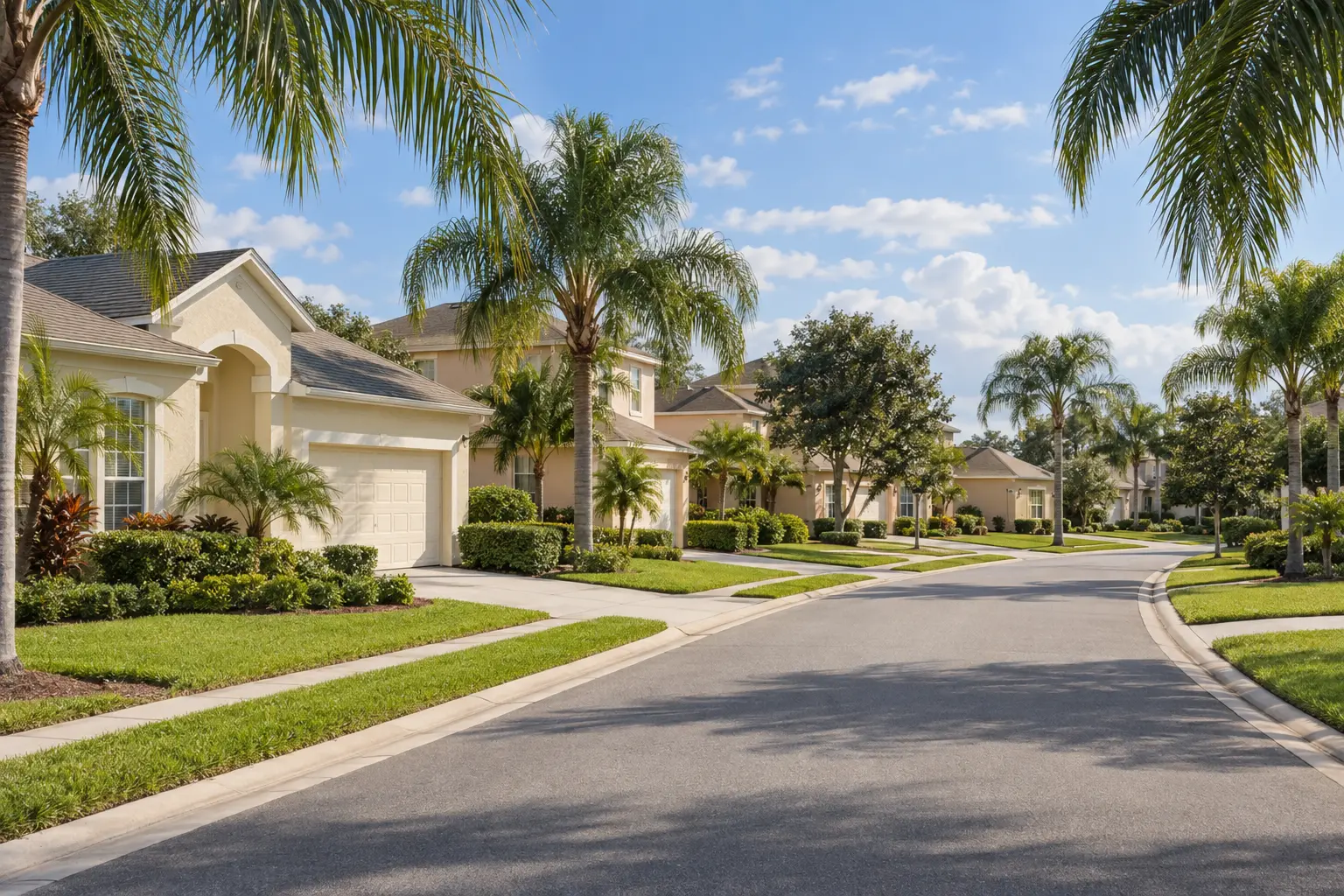 Illustrative west Kissimmee residential streetscape with pastel homes, palm trees and landscaped front yards.
