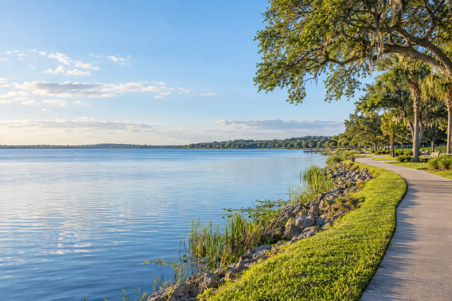 Illustrative view of Lake Minneola in Clermont, with calm water, a green waterfront path and gently rolling, tree-covered shores.