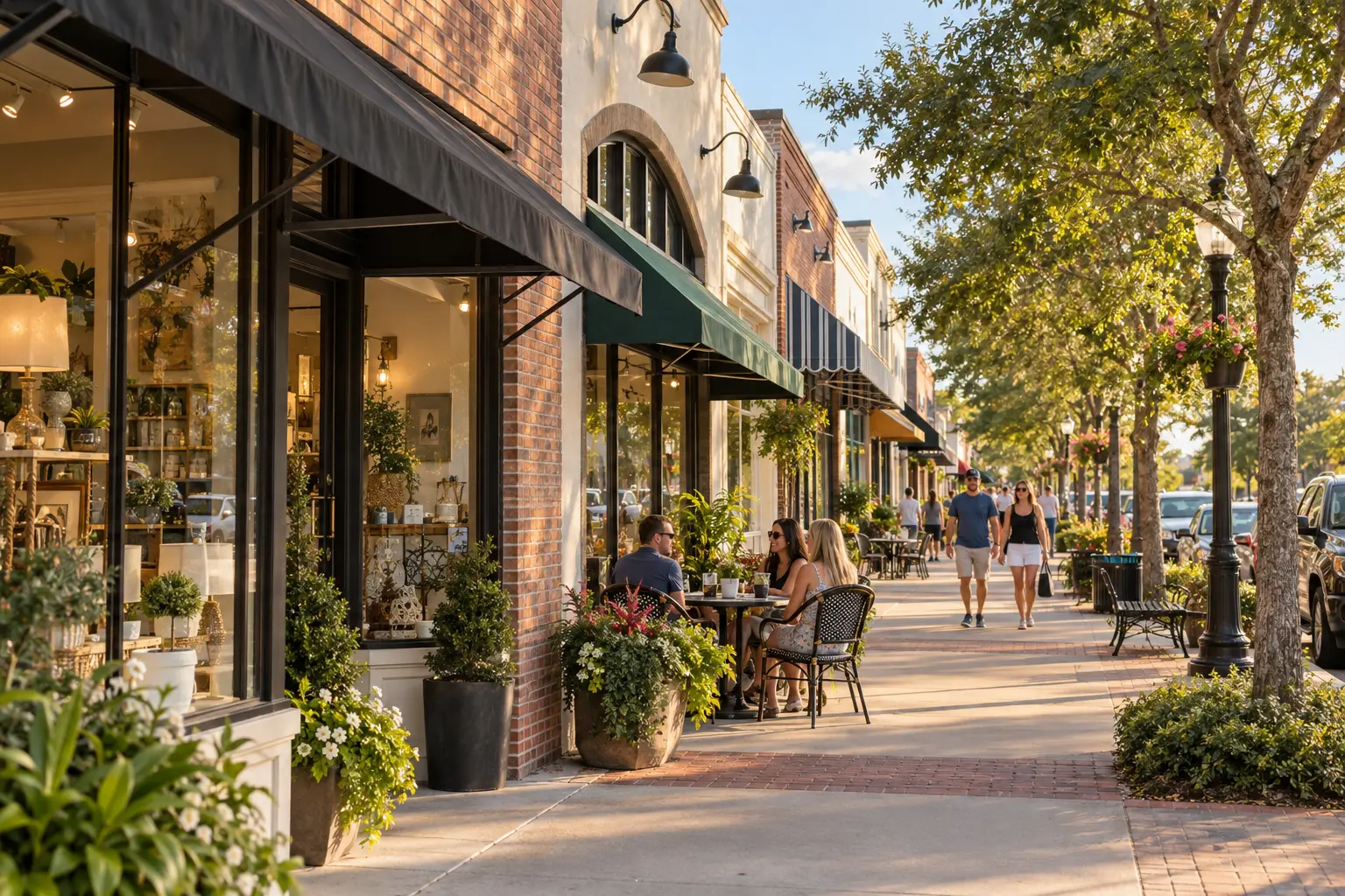 Illustrative downtown Clermont streetscape with low-rise storefronts, shaded sidewalks and outdoor café seating in warm Florida daylight.